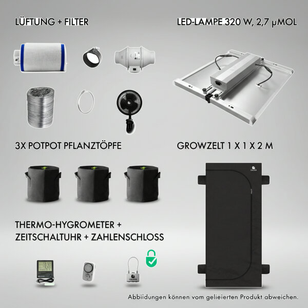 Caluma Growset L (100 × 100 cm, 320 W) – inkl. Prima Klima Abluftset Temperatur